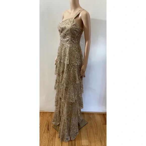 MARCHESA NOTTE GOLD GLITTER & BEADED TIERED GOWN - Picture 5 of 7